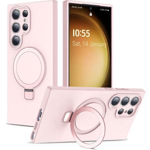 SKYLMW Compatible with Samsung Galaxy S24 Ultra Case with Magnetic Invisible Ring Stand, Compatible with Mag-Safe, Military Drop Protection Silicone S24 Ultra Phone Case for Women Men, Pink