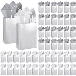 Colarr 50 Pcs 8.2 x 5.9'' Glitter Kraft Paper Favor Bag with 100 Tissue Wrapping Paper Bulk, Xmas Wrap Bags Gift with Handle for Christmas Wedding Bridal Baby Shower Birthday(Silver)