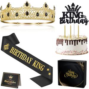 Birthday Gifts for Men, Birthday Decorations for Men, Party Decor Supplies including King Crown & Sash & Cake Topper & Candles