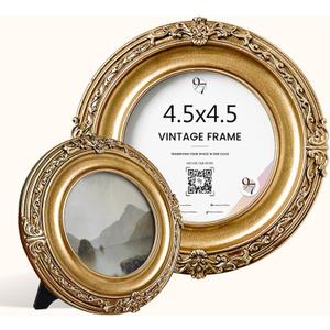 97 Decor Gold Vintage Picture Frame 4.5x4.5 - Antique Gold Picture Frame For Tabletop And Wall Hanging, Golden Round Frames 4.5x4.5, Rustic Decorative Ornate Frames 4.5 x 4.5 For Home Bedroom Decor