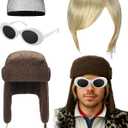3 Pcs Halloween Vintage Grunge Rock Accessories Include Blonde Wig, White Oval Clout Sunglass and Ear Flap Trapper Hat - 90s Rock Music Star Costume Outfit