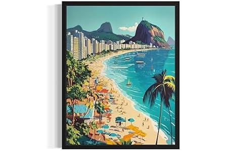 Rio De Janeiro Brazil Black Framed Wall Art Poster Print, Vintage Retro Landscape Scenery Painting Artwork Travel Prints Decor Cityscape Landmarks Gallery 27 (14" L x 11" W, Black Frame)
