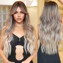 PARK YUN Long Wavy Ash Brown Blonde Wigs with Bangs 28 Inch Reverse Ombre Dirty Blonde Curtain Bangs Synthetic Heat Resistant Wig with Highlights Natural Looking Ombre Grey Wigs for Women