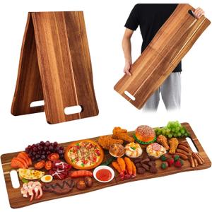 Large Acacia Charcuterie Board with Handles 36 x 12 Inch Extra Large Wood Foldable Serving Tray Wood Rectangular Appetizers Cheese Food Meat Board for New Home Party Housewarming Gifts