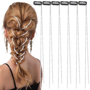 Chunyin 6 Pcs Rhinestone Hair Chains for Women Pearl Charm Rhinestone Hair Jewelry Accessories Crystal Extensions Clips Silver Gold Pins for Braids(Shiny Silver)