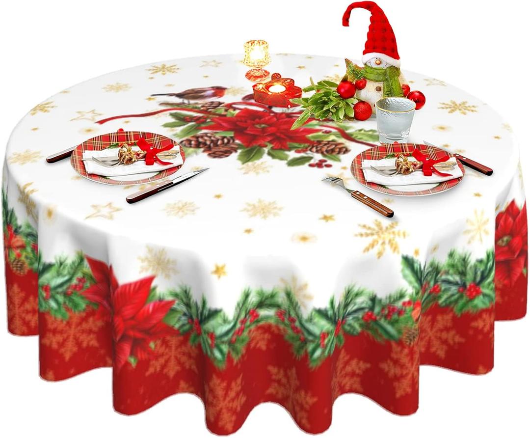 Oaxscug Christmas Round Tablecloth 70 Inch, Winter Gold Snowflake Red Floral Table Cloth for Xmas Farmhouse Kitchen Decor, Wipeable Polyester Fabric Table Cover for Holiday Party