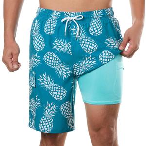 BRISIRA Mens Swim Trunks Bathing Suit 9 Inch Inseam Compression Liner Beach Long Board Shorts Swimsuit Anti-Chafe Quick Dry (42, Darkcyan Pineapple) 4XL