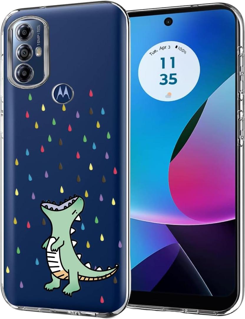 Unov Case for Moto g Play 2023/g Power 2022/g Pure 2021, Crystal Clear with [Anti-Slip Embossed Pattern], Shockproof Slim Protective [Anti-Yellowing TPU] Back Cover, Rainbow Dinosaur