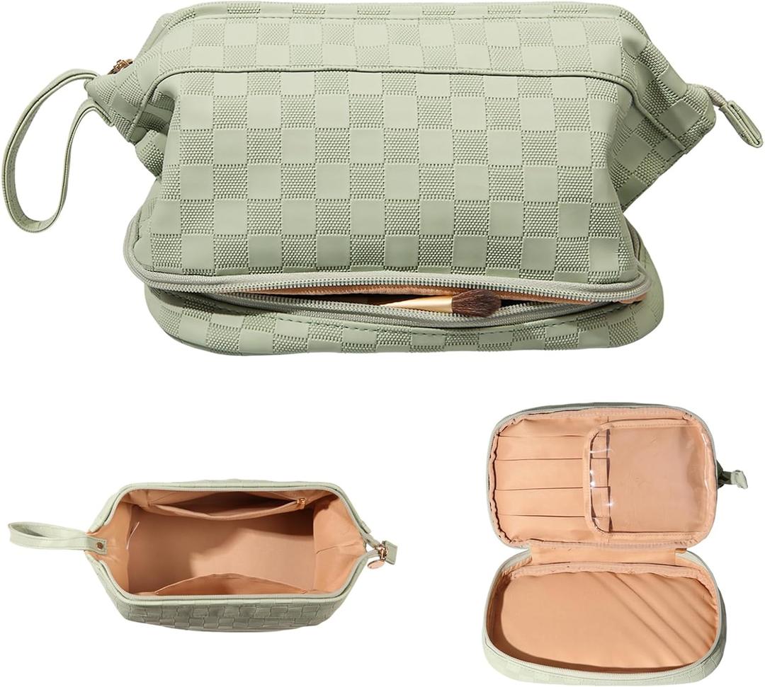 Abiudeng Large Capacity Makeup Bag Ladies Cosmetic Bag Travel Bag with Compartments Portable PU Leather Travel Makeup Bag with Handle (Checkerboard-Green)