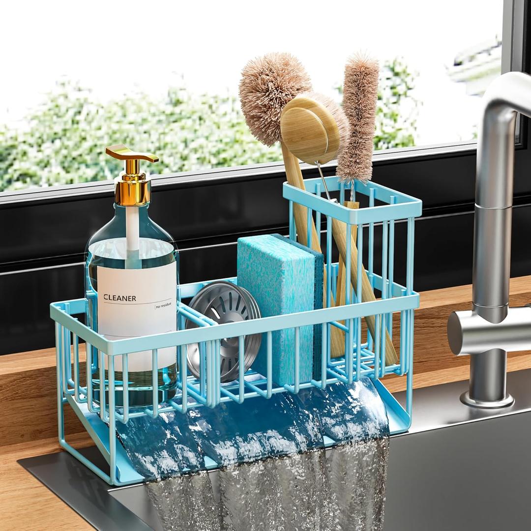 Cisily Blue Kitchen Sink Caddy Organzier with High Brush Holder, Sponge Holder for Sink, 304 Rustproof Stainless, Kitchen Countertop Soap Dispenser Organizer, Blue Home Decor and Accessories (9.25)