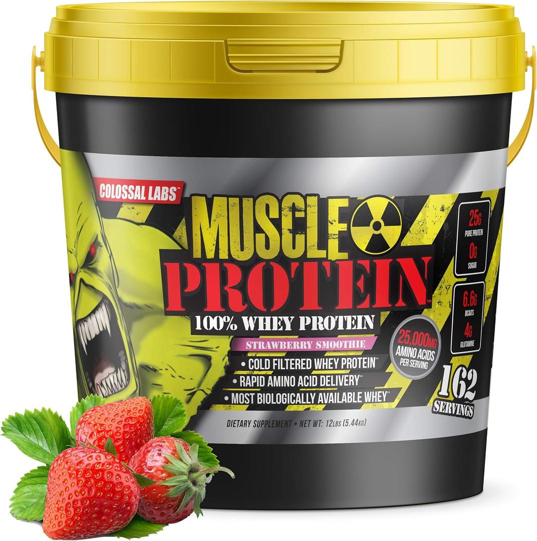 Muscle Protein Whey Powder [12 lbs/Pack of 1] Cold Filtered, 25g Pure Protein, 6.6g BCAAs (Packaging May Vary) (12LB, Strawberry)