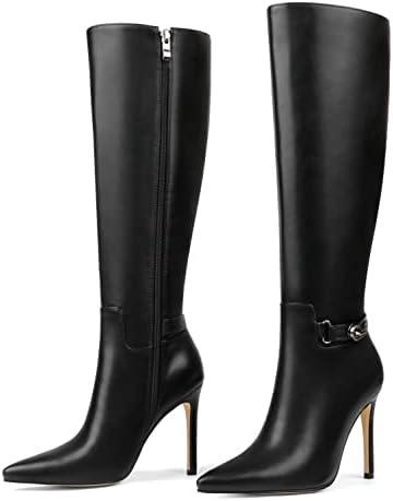 COLETER Women's Knee High Boots Pointed Toe Stiletto Buckle Dress Boots Slouch Zipper Heeled Boots 7,5