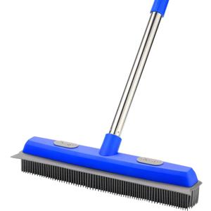 57" Rubber Broom for Pet Hair Removal, 2-in-1 Floor Brush & Squeegee, Extra Long Handle Fur Broom for Carpet, Hardwood, Tile & Windows | Pet Hair Remover with Lint Brush for Home & Auto Cleaning (Blue)
