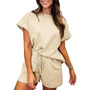SHEWIN Women's 2 Piece Outfits Lounge Sets Casual Short Sleeve Shirts Shorts Cozy Pajamas Sweatsuit Set (B Apricot), XL
