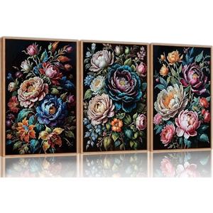 SIKERIC Dark Black Moody Floral Wall Art, Vintage Colourful Flower Framed Canvas Art Prints Set of 3, Large Botanical Art Paintings, Nature Peony Wall Decor for Living Room, Bedroom, Office-24X36 inch