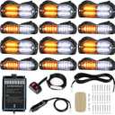 LINKITOM 12pcs Ultra Slim Sync Feature Surface Mount LED Emergency Beacon Hazard Warning Flashing Strobe Lights with Waterproof Controller and Long Heavy Cable for Car Truck Vehicle, Amber/White