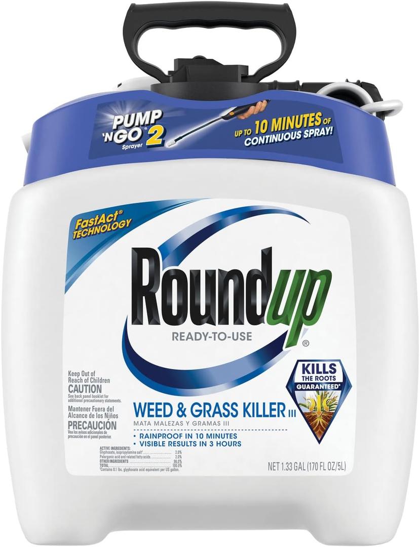 Roundup Ready-to-Use Weed & Grass Killer III - with Pump 'N Go 2 Sprayer, Use in & Around Vegetable Gardens, Tree Rings, Flower Beds, Patios & More, Kills to the Root, 1.33 gal.