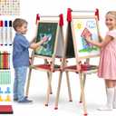 Kids Art Easel, Adjustable Wood Chalkboard, Easels for Toddlers | 3-in-1 Magnetic Whiteboard & Chalkboard, 38-51 in Adjustable Height, 17 in Paper Roll, Storage Trays, 54-Piece Math Set, Red, One Size