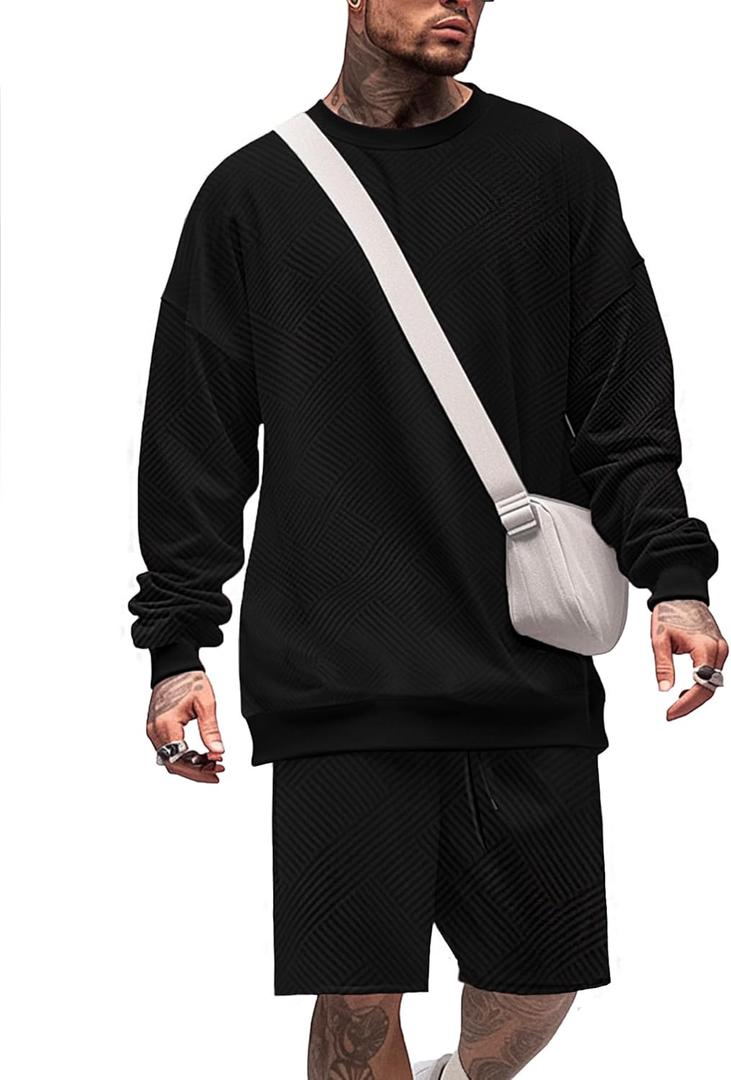 Mens 2 Piece Outfits Crewneck Sweatshirt Geometric Texture Long Sleeve and Joggers Shorts Sweatsuit Sets Tracksuit (Medium, Black)
