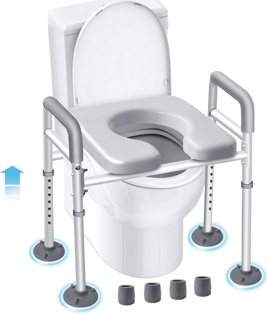 Eosprim Toilet Seat Risers for Seniors Elongated, Raised Toilet Seat with Handles, Toilet Safety Frames & Rails for Elderly and Handicap, Elevated Shower Commode Chair with Arms, Toilet Lift Grab Bar (Silver)