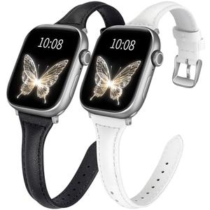 wkiss 2 pack Slim Leather Bands Compatible with Apple Watch Band 38mm 40mm 41mm 42mm 44mm 45mm 46mm 49mm Women,Top Layer Genuine Leather Strap for iWatch Series 10/9/8/7/6 5/4/3/2/1/SE/Ultra, Size: 49mm/46mm/45mm/44mm/42mm（Series 3 2 1）