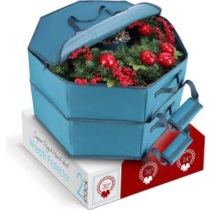 Hearth & Harbor Container-Hard Shell Christmas Bag with Interior Pockets, Dual Zipper and Handles-Premium Wreath Storage Organizer Box, 30", Blue (Pack of 2)