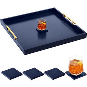 Large Square Ottoman Tray 24 x 24 x 2 Inch Wood Serving Tray with 4 Coasters and Metal Handles for Food Coffee Tea Table Sofa Living Room Home Housewarming Gift (Blue)