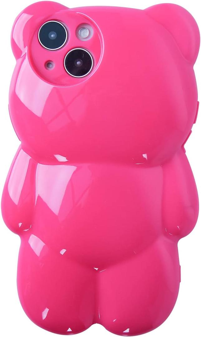 Funny Phone Case Compatible with iPhone 14 Pro Case, Cute 3D Clear Rose Red Bear Case, Shockproof Kpop Cartoon Bear Phone Case for Women Girls