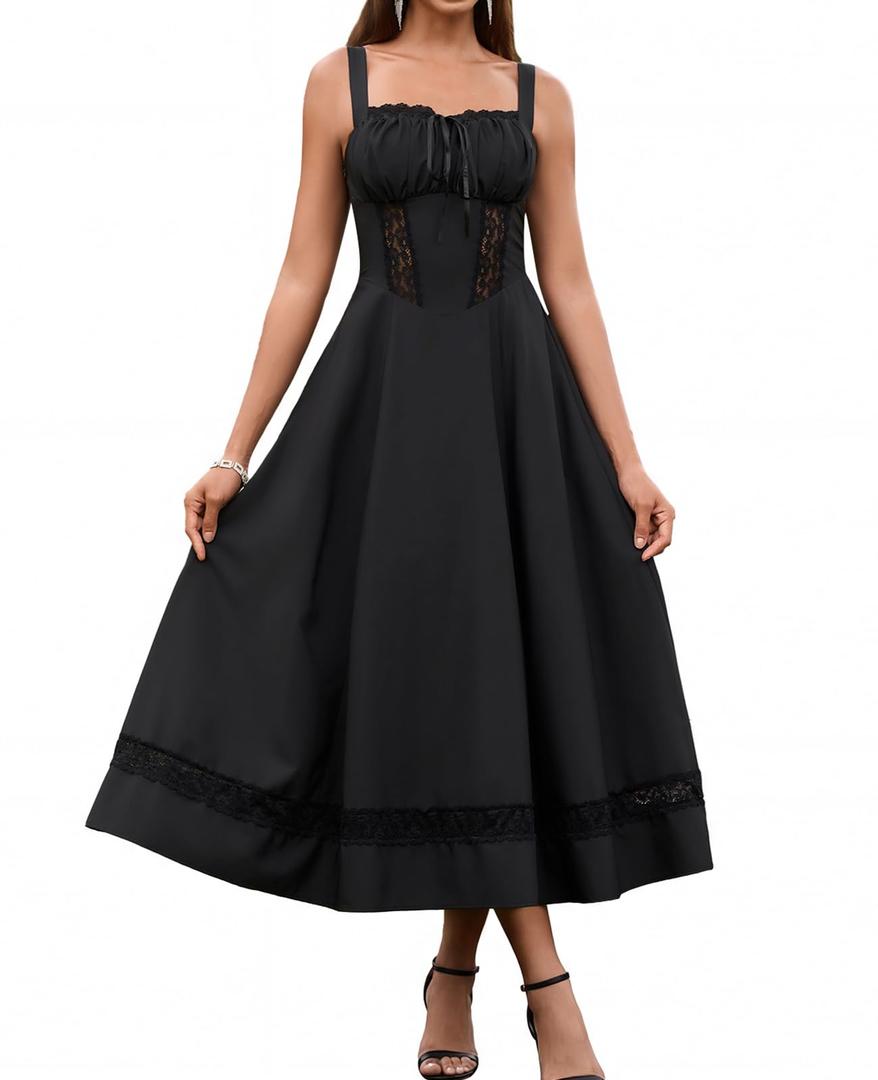 GLNEGE Women's Corset Midi Wedding Guest Dress A line Flowy Lace Dresses Summer Smocked Back Tea Party Sundress Black (Black, XS)