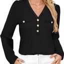 Triratna Long Sleeve Shirts for Women Dressy Button Front Tweed Blouses Business Casual Winter Tunic Tops Office Work (Medium, Black)