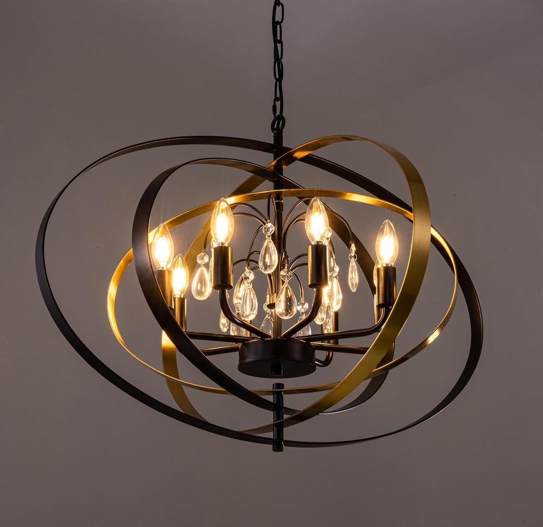 Wellmet Ring-Circle Black Gold Crystal Chandelier, 6-Light Crystal Pendant Light for Dining Room, 31'' Black Chandelier for Living Room, Bedroom, Kitchen, Hallway, Entryway, Foyer, Corridor