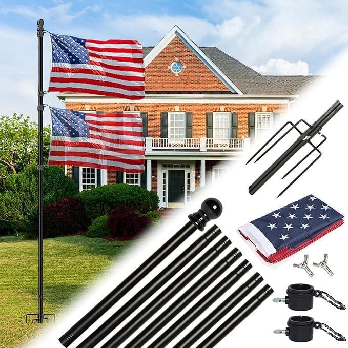 10 Foot Flag Poles for Outside House Inground with 3x5 American Flags,Heavy Duty Stainless Steel Flag Pole in Ground with 5 Pronges Base,Inground Flag Poles for Residential Garden Yard