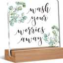 Funny Bathroom Signs, Wash Your Worries Away Funny Bathroom Acrylic Plaque Sign for Guest Restroom Laundry Room Desk Tabletop Decor, 4x4 Inch