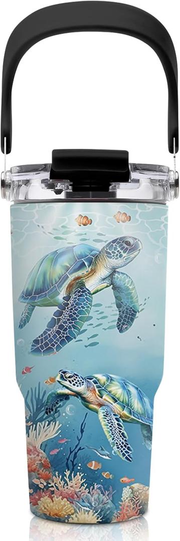 20oz Turtle Tumblers - Sea Turtle Tumbler with Straw Handle, Leak-proof, BPA-free, Double Wall Insulated, Turtles Gifts for Cat Lover, Insulated Coffee Tumbler Ocean Stainless Steel Cup for Kids