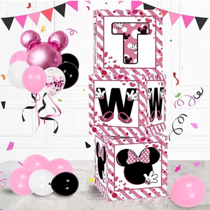 2nd Birthday Party Favors Balloon Boxes Supplies for Baby, Girls 3Pcs Pink Mouse Theme Two Year Old Balloon Boxes, 'TWO' Letters Balloon Arch Kit for Party Decorations
