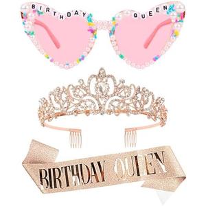 VELSCRUN Rose Gold Birthday Queen Glasses, Birthday Queen Sash Tiara Crown for Women Girls, 3 Pcs Elegant Princess Crowns Hair Accessories Happy Birth Party Decorations Mom 30th 40th 50th Birth Gifts
