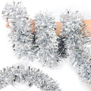 50FT Silver Christmas Tinsel Garland Metallic Twist Xmas Garland for Christmas Tree Decorations Holiday Hanging Garlands for Mantel Staircase Indoor Outdoor Home Office Class Party Holiday Decor