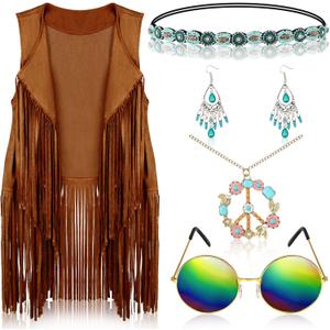60s 70s Outfits for Women Hippie Costume Accessories Fringe Vest Sunglasses Necklaces Earring Headband, M