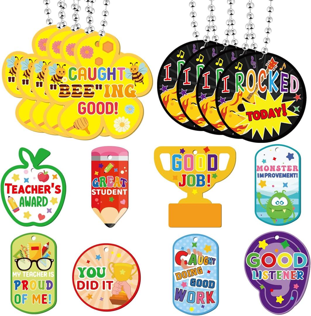 Liliaafar 100 Pack Student Motivational Incentives Dog Tag with Necklaces Cardstock Recognition Award Education Reward Prizes Gifts Bulk for School Classroom Teacher Supplies, 10 Styles