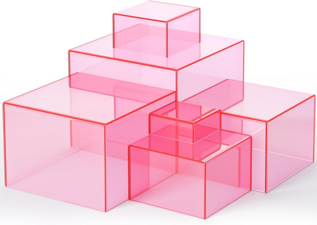 Geelin 6 Pack Acrylic Risers for Display Acrylic Cube Boxes Risers Display Stands with Hollow Bottoms Decorative Stand for Jewelry Candy Table Decor 6 Sizes(Pink,3 to 8 Inch,Square)