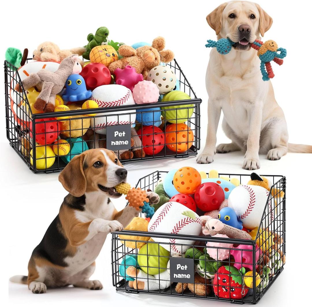 2Pcs Dog Toy Basket Metal Chew Resistant Dog Toy Bin Chest Storage Box Wire Organizer Basket for Pet Puppy Cat Food Storage Home Office Kitchen(16.5 x 11 x 8.7 Inches, 14.4 x 12.6 x 10 Inches)