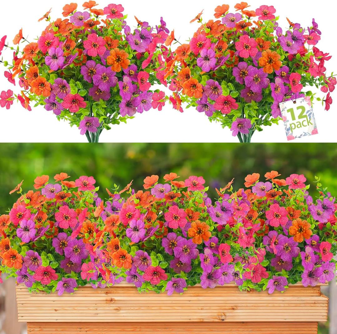 Artificial Spring Flowers for Outdoors Faux Plants UV Resistant Realistic Fake Flowers Outside for Garden Planter Porch Home Decor, 12 Bundles (Multicolor)
