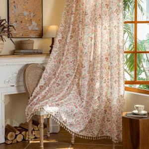 OYX Pink Boho Farmhouse Floral Curtains 84 Inch Long 2 Panels For Living Room, Flower Girl Bedroom Light Filtering Drapes, Vintage Country French Patterned Rod Pocket Aesthetic Decor Window Treatments