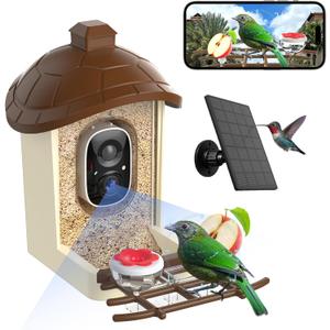 Bird Feeder with Camera, 2K HD Live Video, Smart Bird Cam Solar Powered with AI Birds Species Identification, Auto Capture Video, Instant Arrival Alerts, Best Gifts for Mom Dad (Brown)