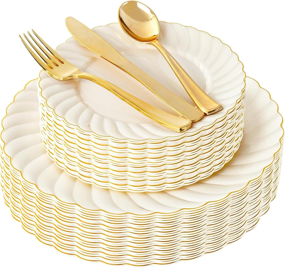 YOUBET 125PCS Scalloped Plastic Plates - Ivory Scalloped Disposable Plates - Gold Plastic Dinnerware Set Include 50 Plates, 75 Gold Silverware for Party & Wedding