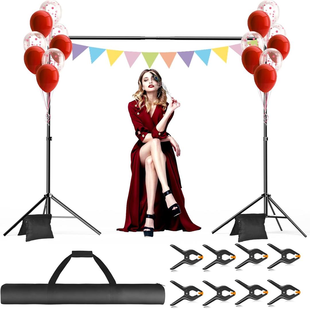Backdrop Stand, 10x7ft(WxH) Photo Background Stand Adjustable Support Kit with 2 Crossbars, 8 Backdrop Clamps, 2 Sandbags and Carrying Bag for Parties Photography Wedding Decoration (710ft)