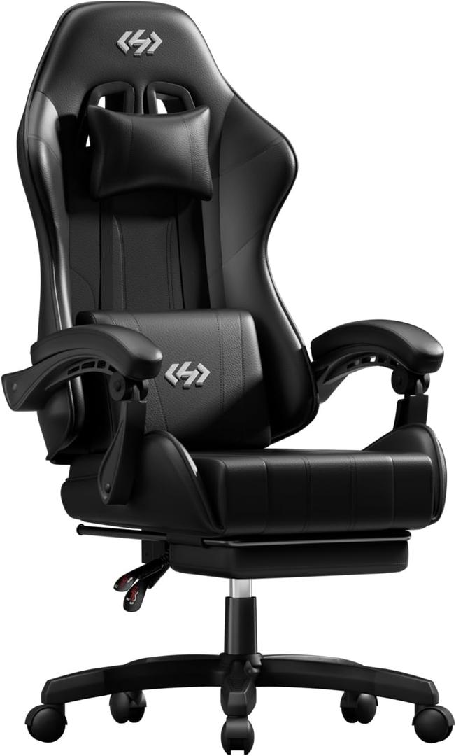 HLDIRECT Gaming Chair, Ergonomic Computer Office Chair with Lumbar Support Footrest Headrest, Adjustable Height & Backrest Angle Video Gamer Chair, PU Leather, 360 Swivel, Adult (Black)
