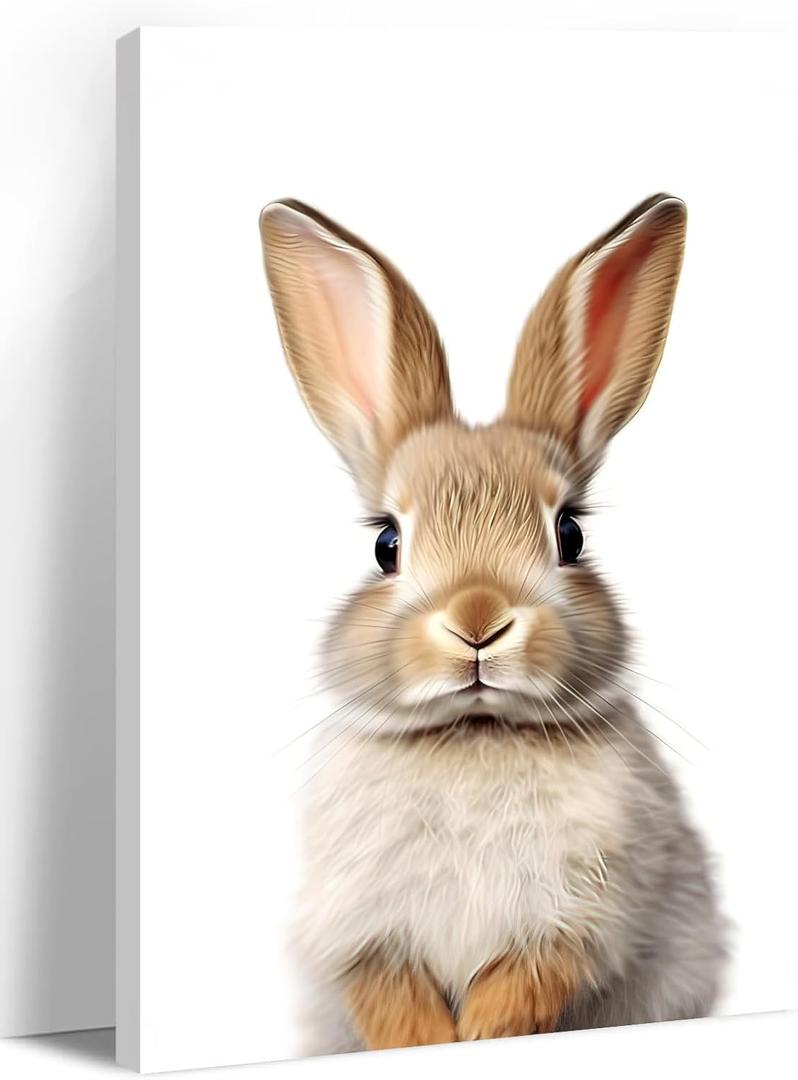 LYUNSHUO Bunny Canvas Wall Art Nursery Wall Decor Cute Rabbit Picture White Poster Animal Painting Minimalism Artwork for Kids Room Living Room Bedroom Home Decorations - 24"L x 16"W