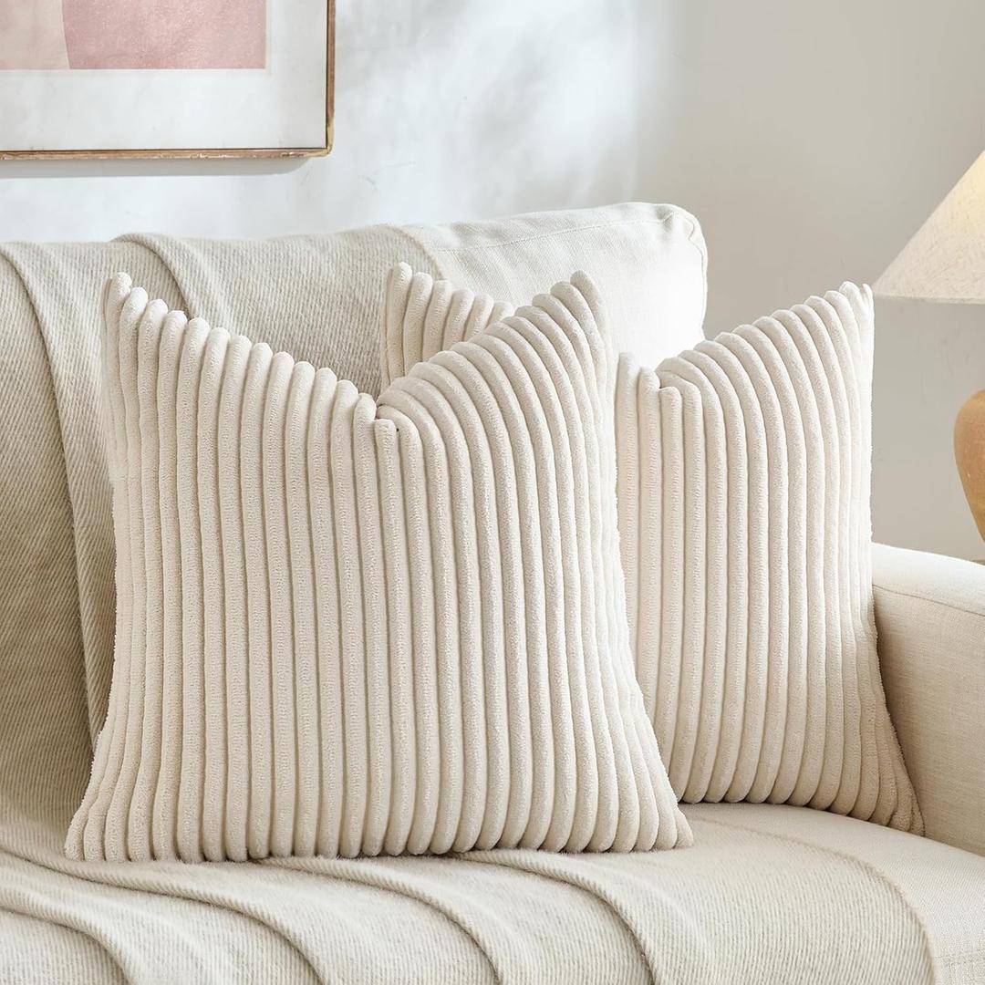 Fancy Homi Set of 2 Cream Boho Neutral Decorative Throw Pillow Covers 18x18 Inch for Couch Bed Sofa, Aesthetic Modern Farmhouse Home Decor, Soft Fluffy Corduroy Beige Cute Cushion Case 45 cm