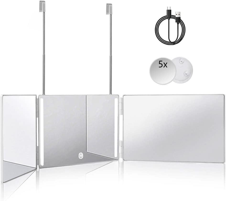 HIEEY 3 Way 360 Trifold Mirror with LED , Height Adjustable Telescoping Hooks,and 5X Magnification for Makeup,Hair Cutting/Styling (White)